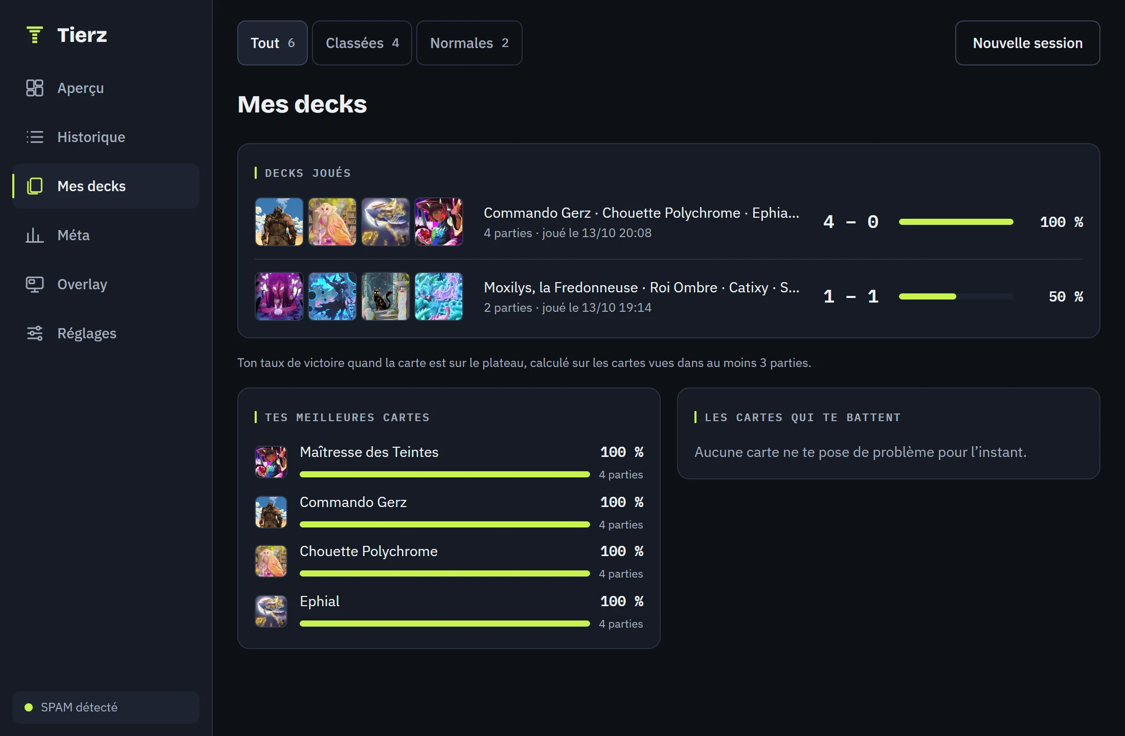 Der Bildschirm „Meine Decks“ im Tracker: zwei Decks mit Bilanz und Winrate, darunter die besten Karten des Spielers.