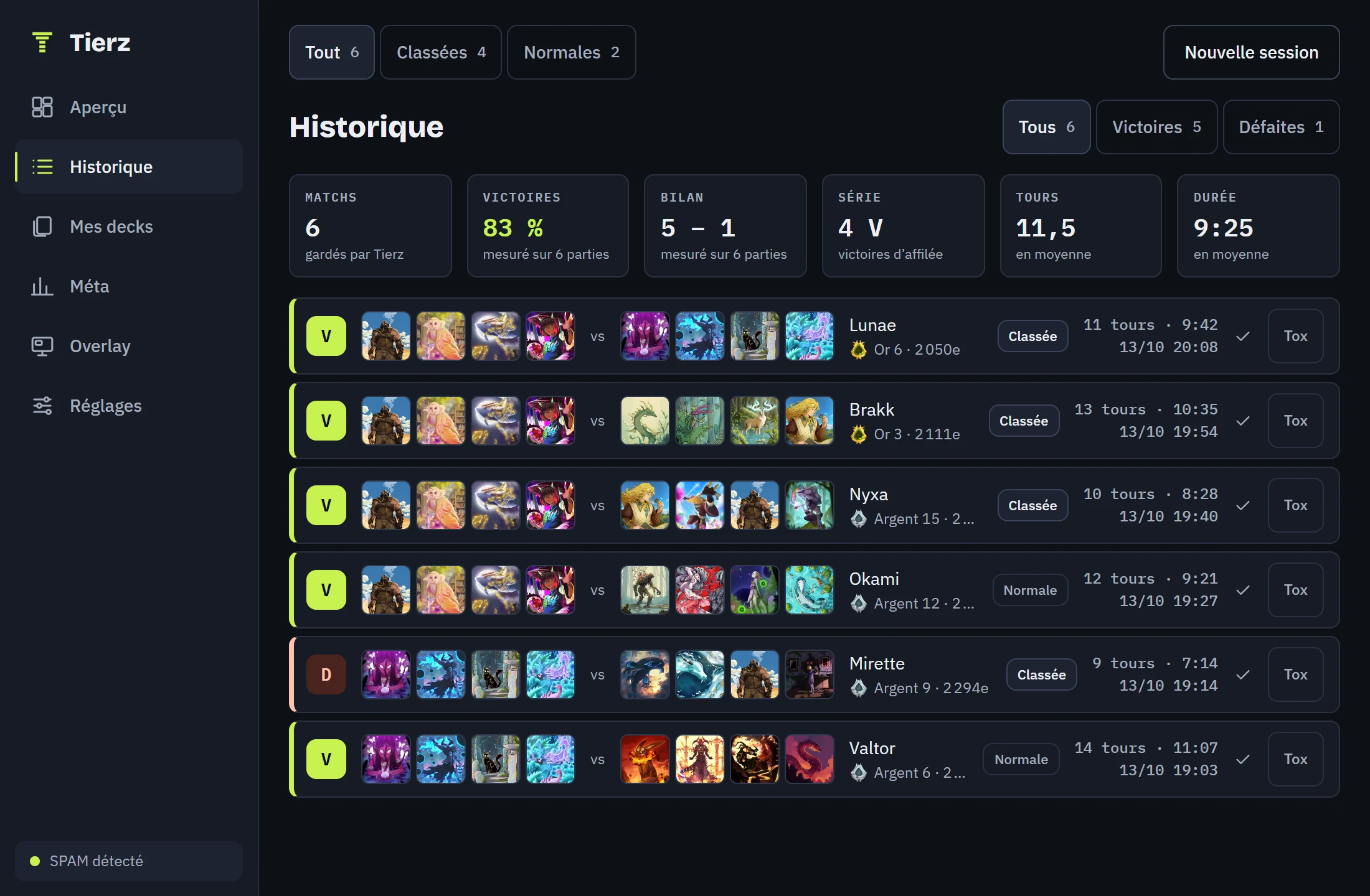Der Verlauf im Tracker: sechs Matches, jeweils mit Ergebnis, beiden Decks, Gegner, Anzahl der Züge, Dauer und Datum.