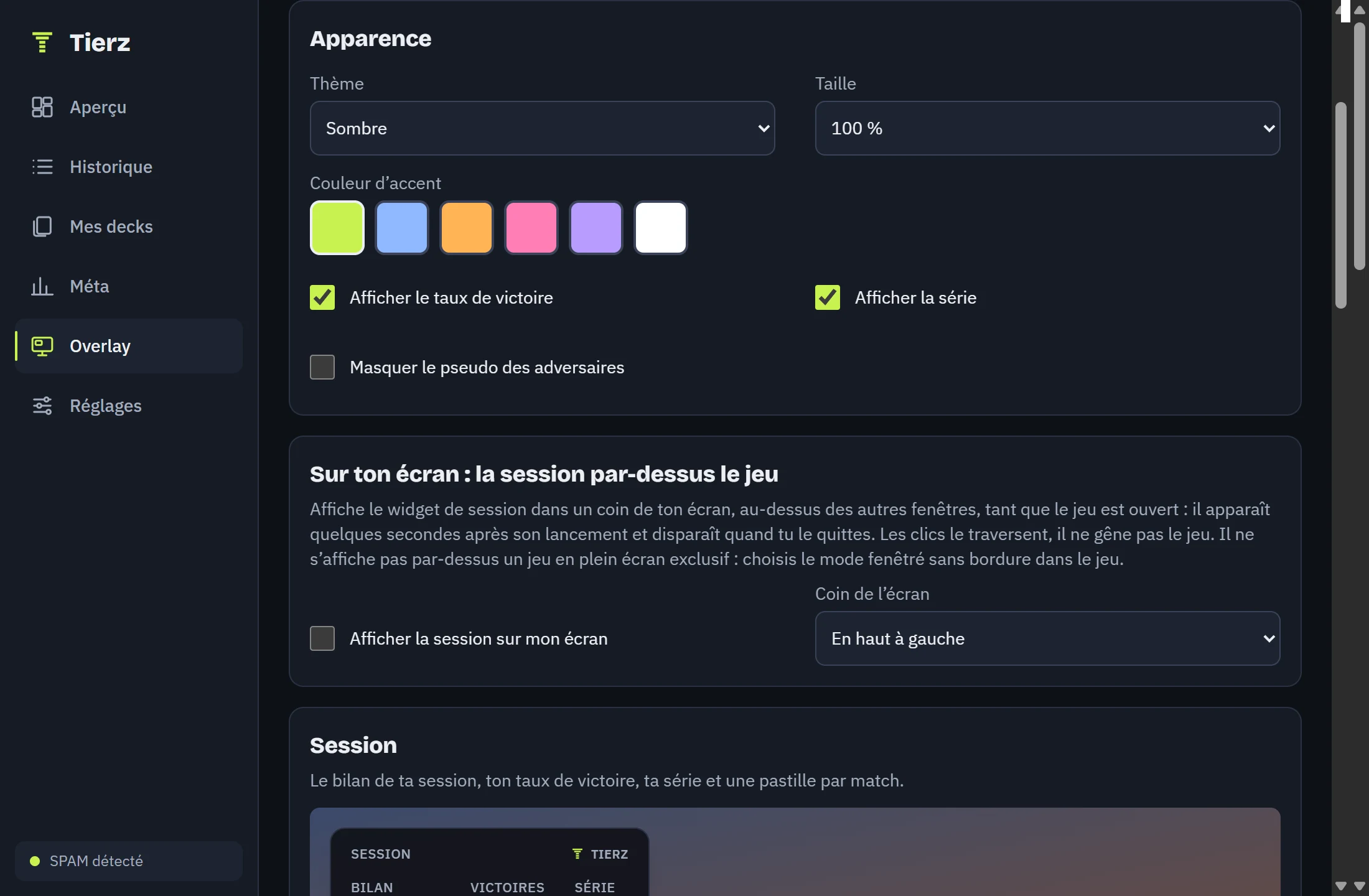 Die Widget-Einstellungen im Tracker: Design, Größe, Akzentfarbe und die Session-Anzeige über dem Spiel.