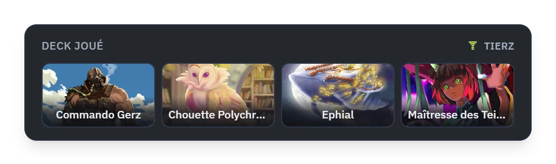 Das Widget des gespielten Decks: vier illustrierte Karten mit ihrem Namen.
